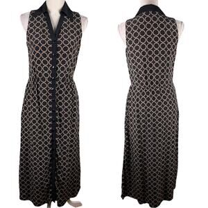 Talbots Pure Silk Midi Shirt Dress 6 Black Tan Pockets Lined